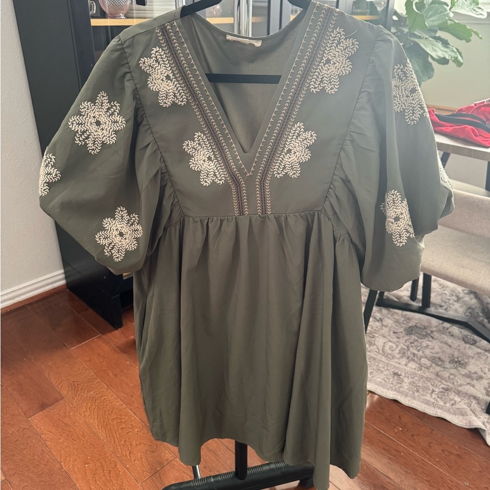 entro Olive Green Embroidered Mini Dress with Puff Sleeves